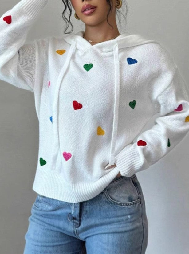 Multicolor Heart Jacquard Hooded Knit Top - White - 1
