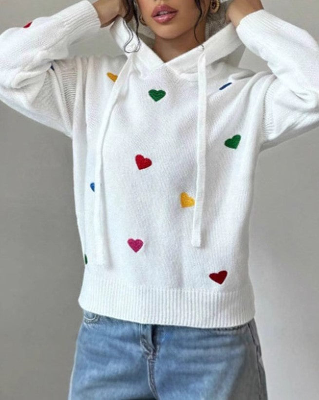 Multicolor Heart Jacquard Hooded Knit Top - White - 2