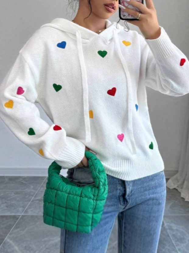 Multicolor Heart Jacquard Hooded Knit Top - view 1