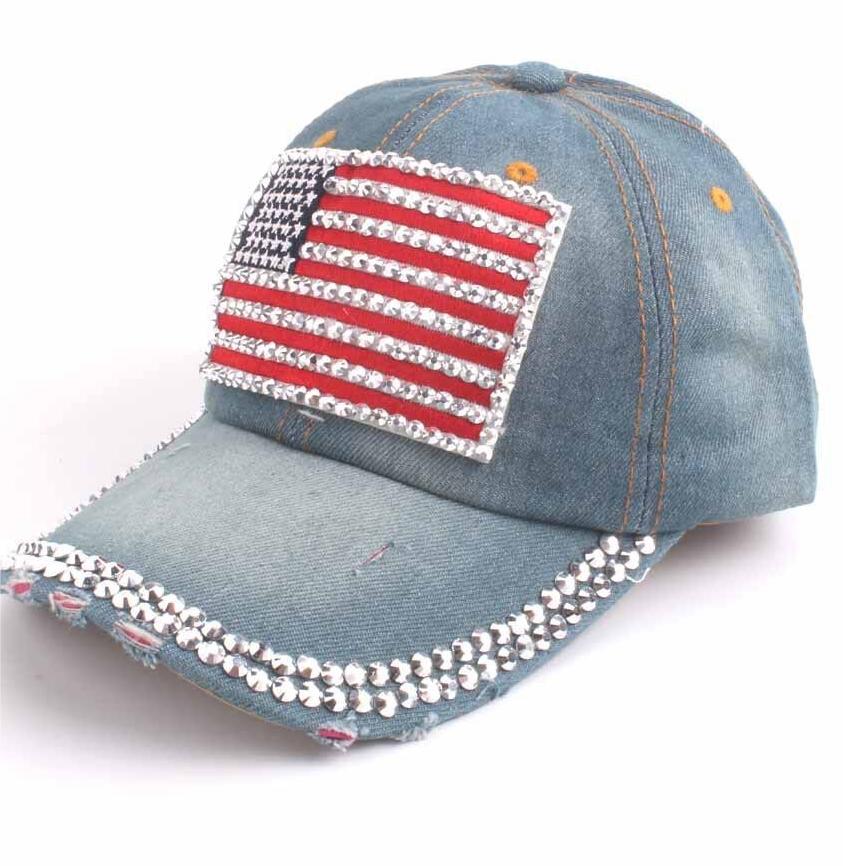 Rhinestone Flag Washed Denim Baseball Cap - Gblue