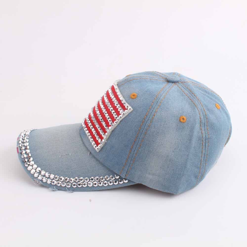 Rhinestone Flag Washed Denim Baseball Cap - Gblue - 1