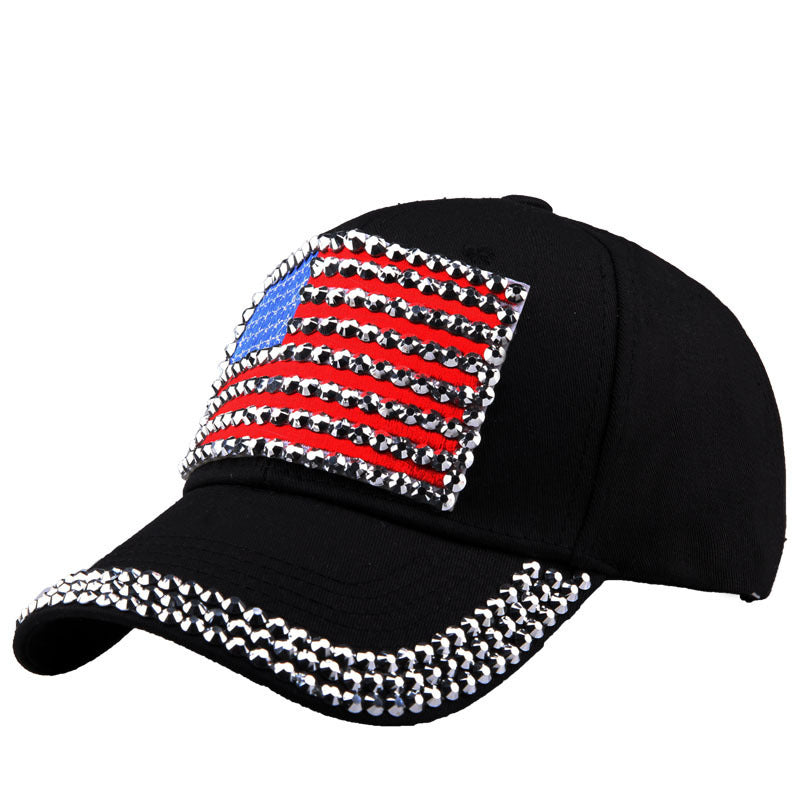 Rhinestone Flag Washed Denim Baseball Cap - black