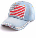 Rhinestone Flag Washed Denim Baseball Cap - blue
