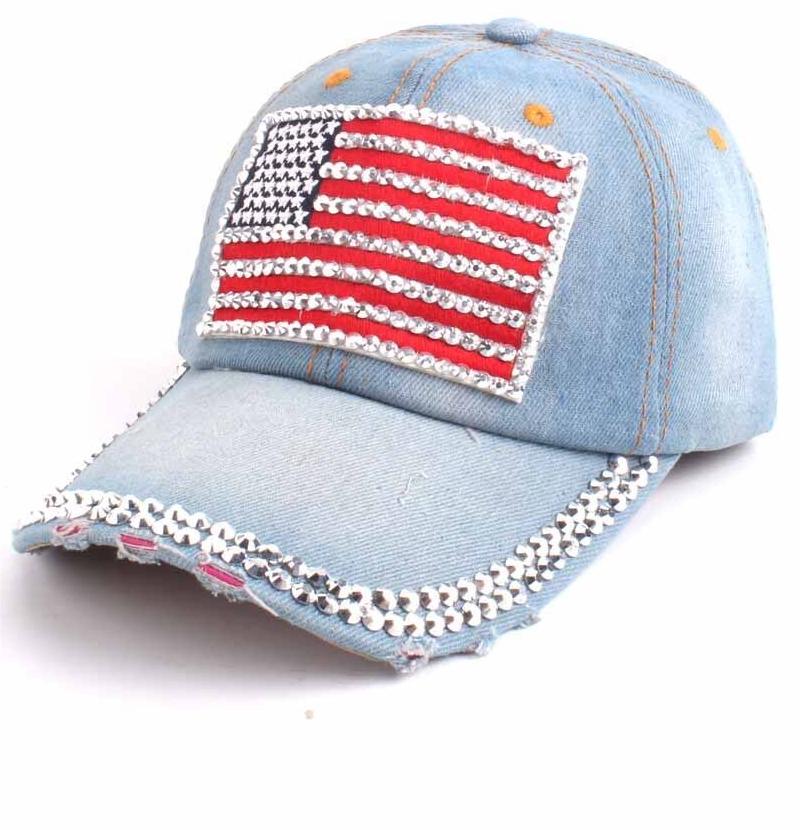 Rhinestone Flag Washed Denim Baseball Cap - blue