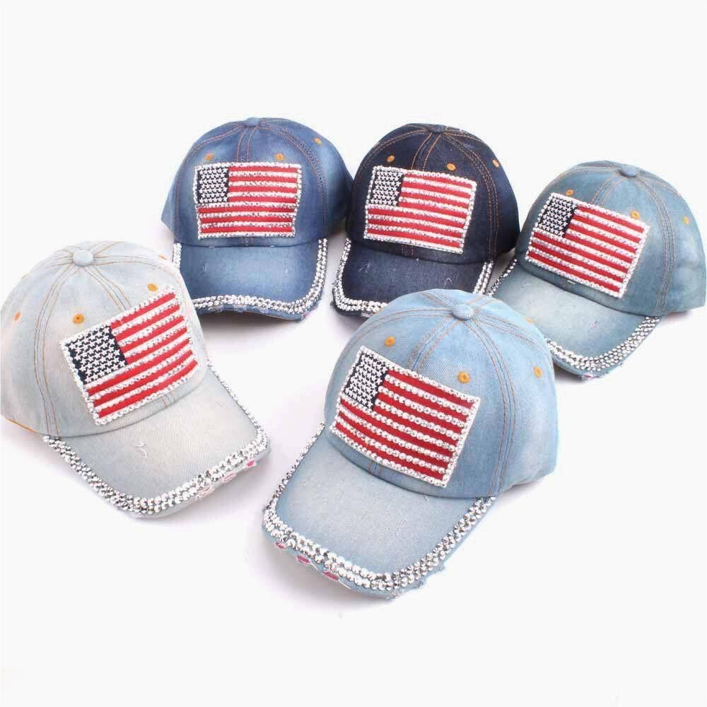 Rhinestone Flag Washed Denim Baseball Cap