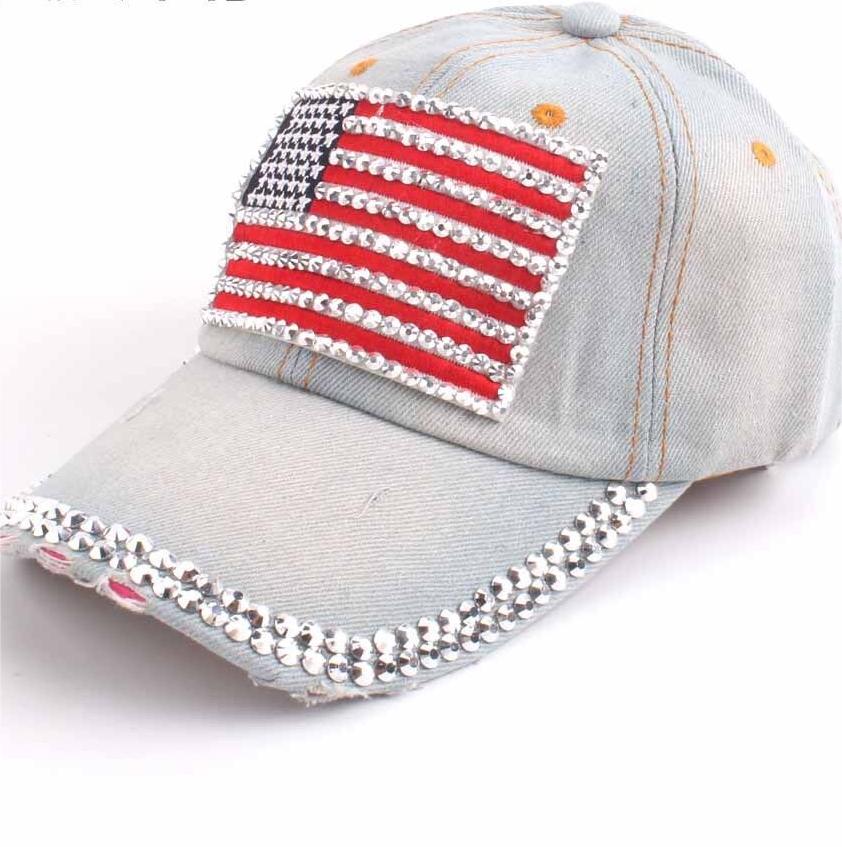 Rhinestone Flag Washed Denim Baseball Cap - grey
