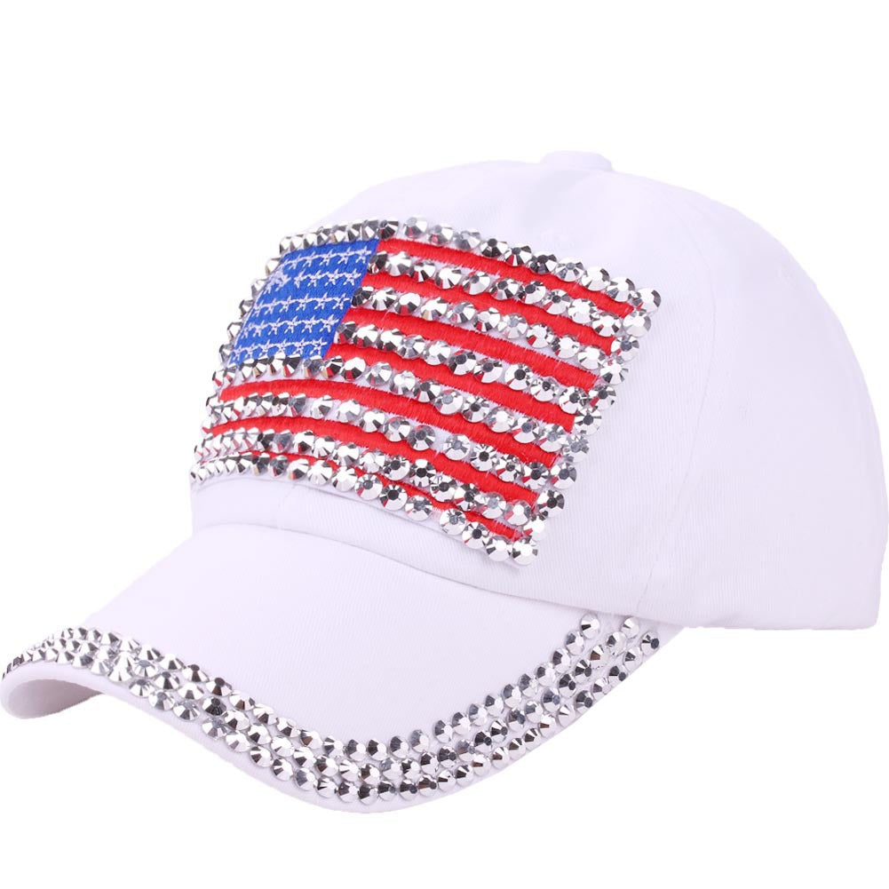 Rhinestone Flag Washed Denim Baseball Cap - white