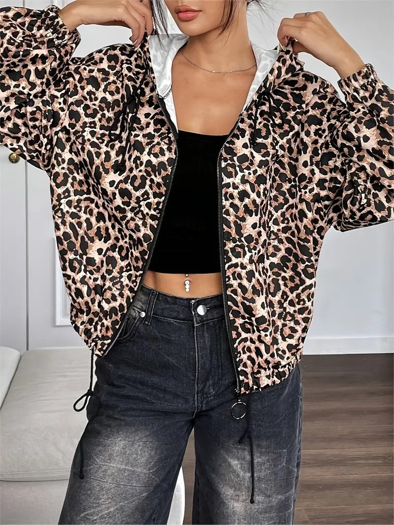 Animal Print Sherpa Lined Hooded Jacket - Leopard