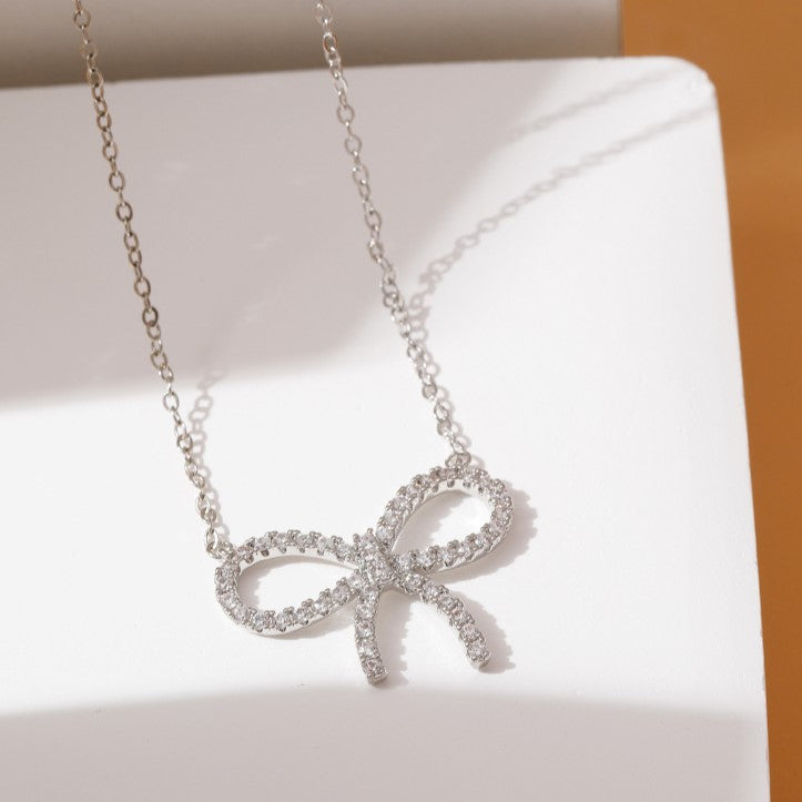 Pave Ribbon Bow Pendant Necklace - Silvery - 1