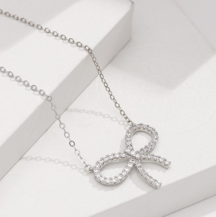 Pave Ribbon Bow Pendant Necklace - Silvery - 2