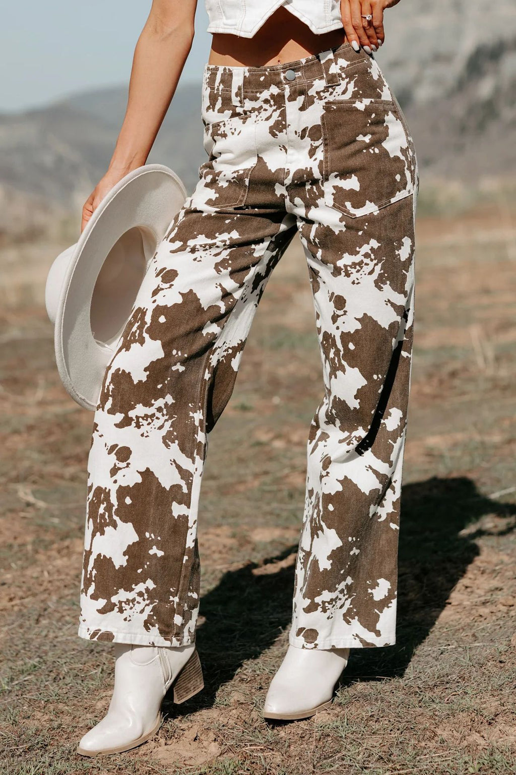 Cow Print Western Straight Leg Jeans - white