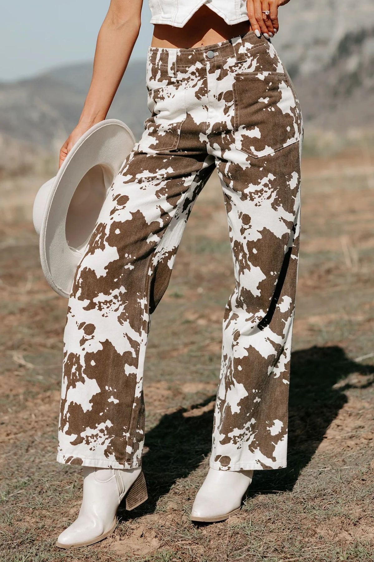 Cow Print Western Straight Leg Jeans - white