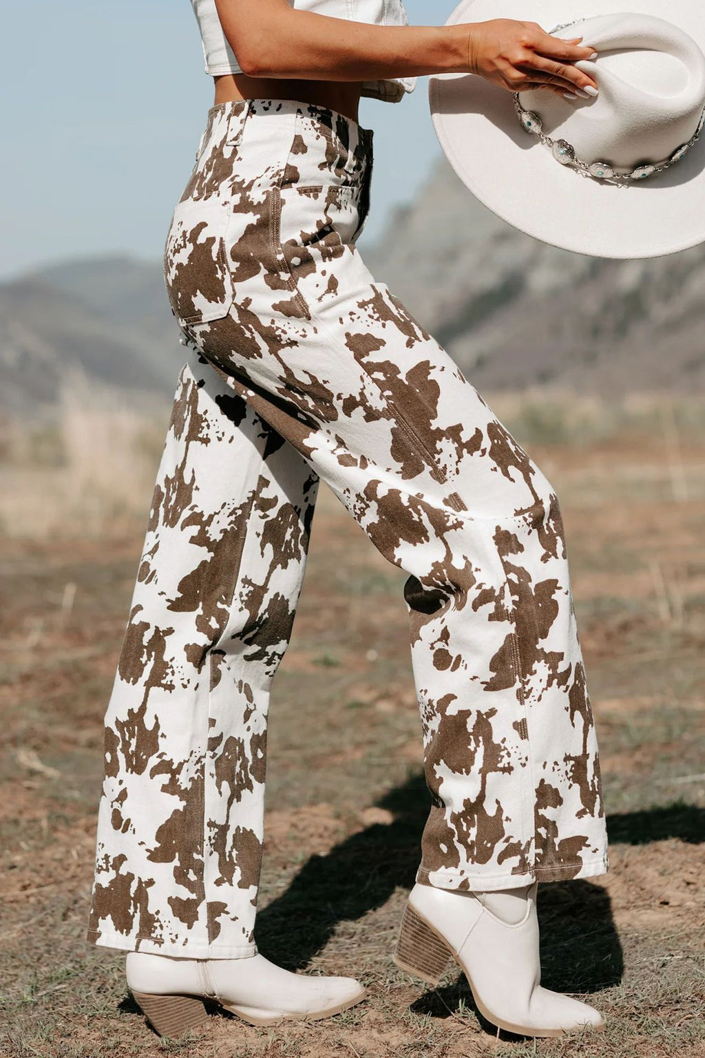 Cow Print Western Straight Leg Jeans - white - 1