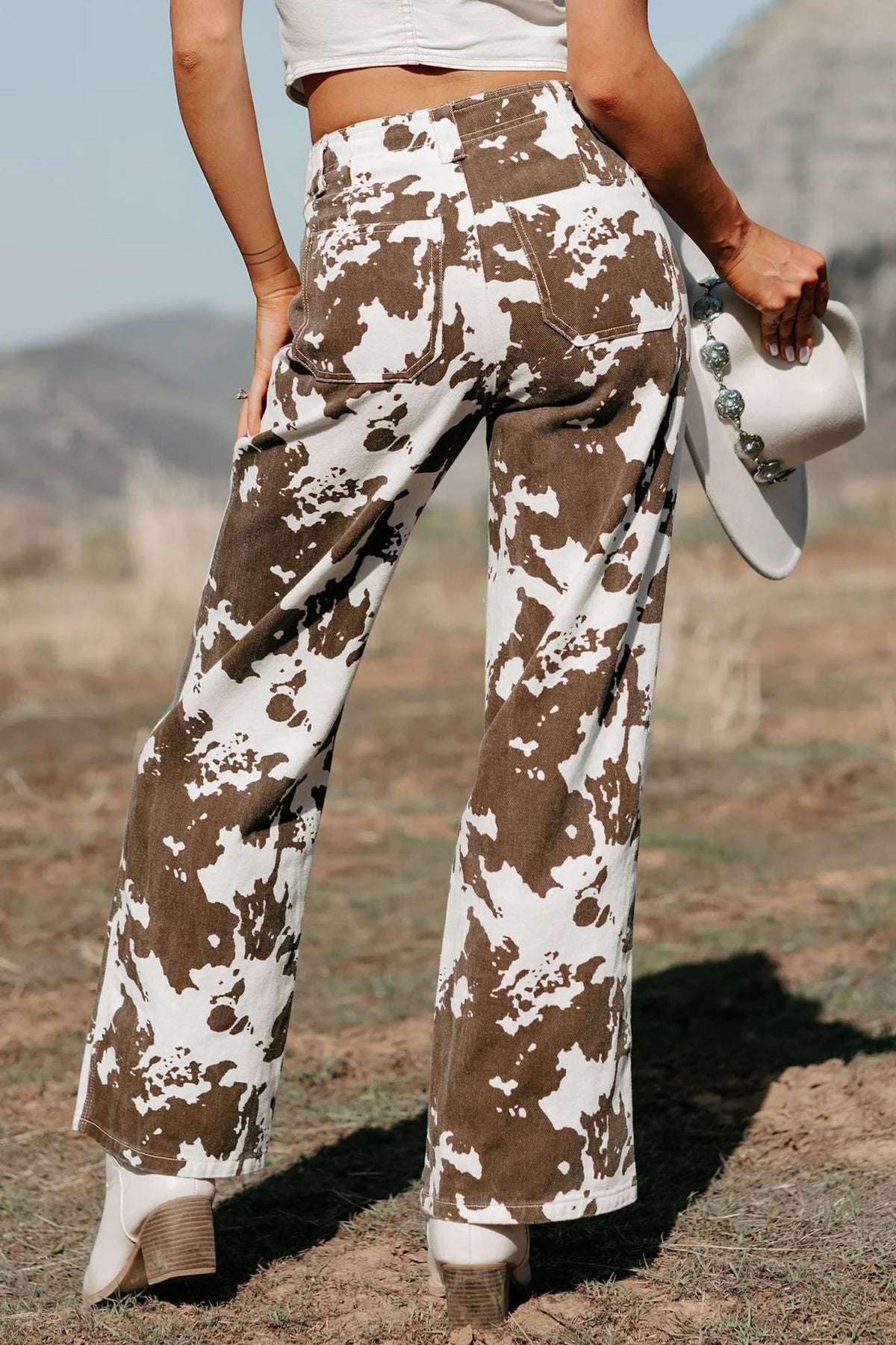 Cow Print Western Straight Leg Jeans - white - 2