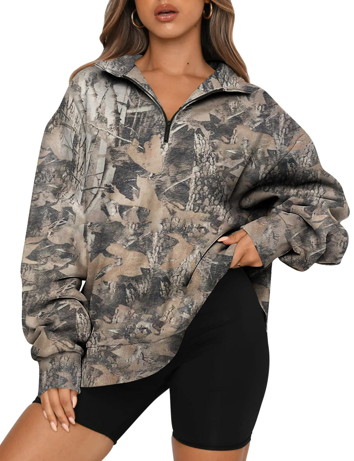 Half Zip Camo Print Drop Shoulder Pullover - Dark1 - 1