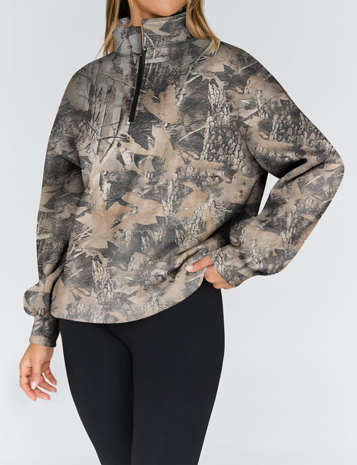 Half Zip Camo Print Drop Shoulder Pullover - Dark1 - 4