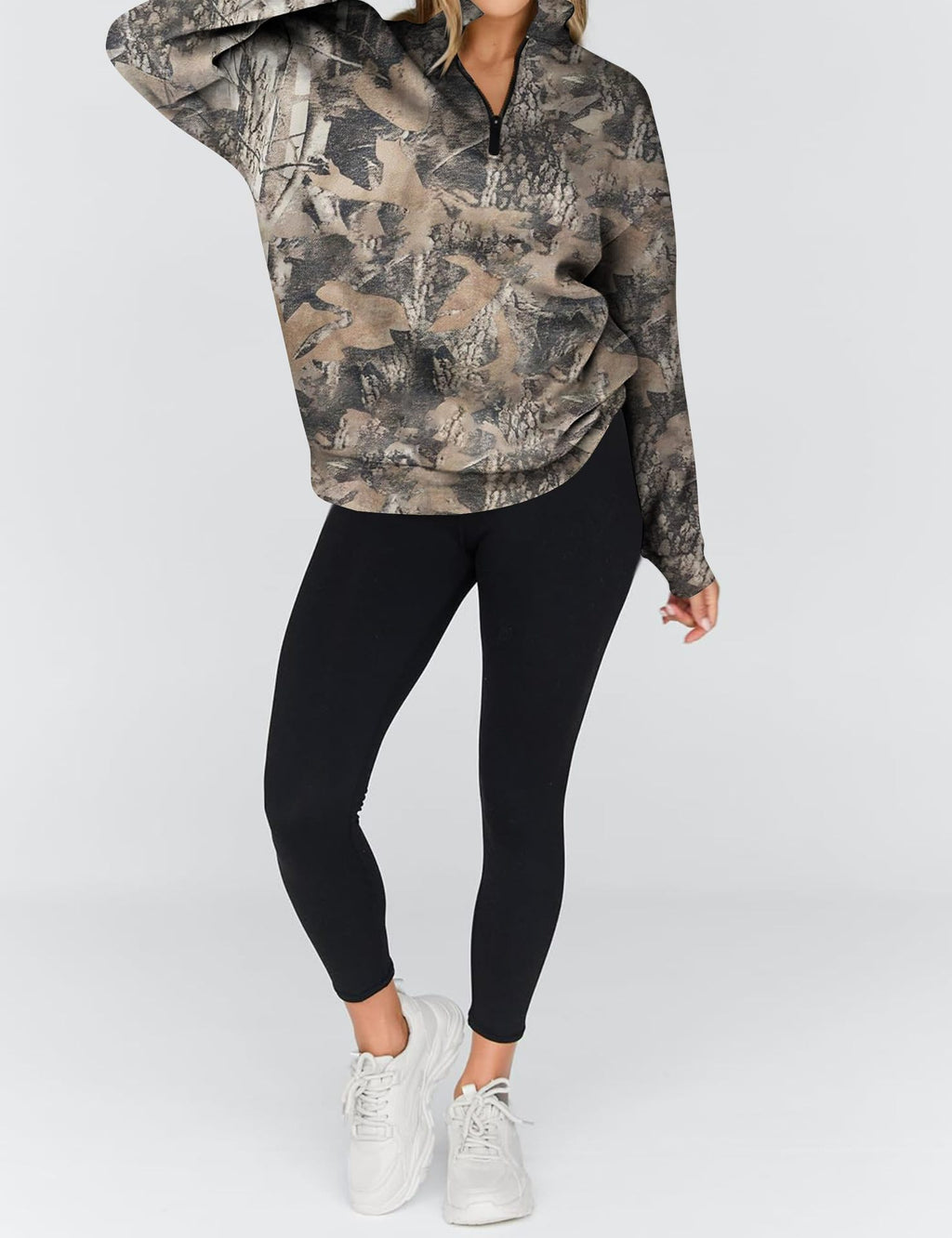 Half Zip Camo Print Drop Shoulder Pullover - Dark1 - 5