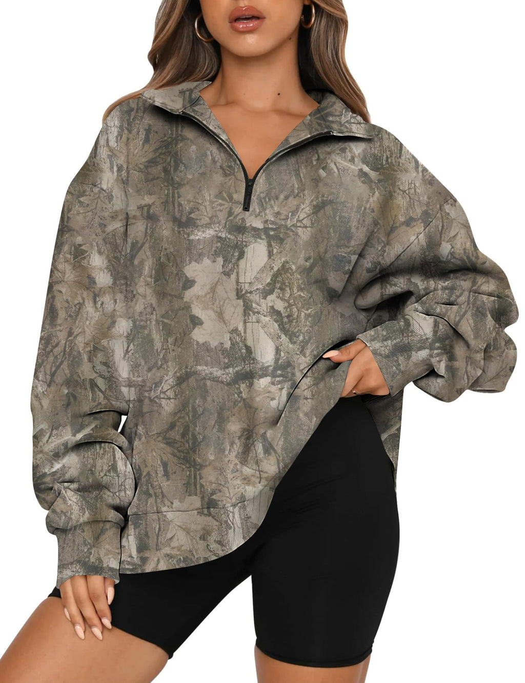 Half Zip Camo Print Drop Shoulder Pullover - Dark2