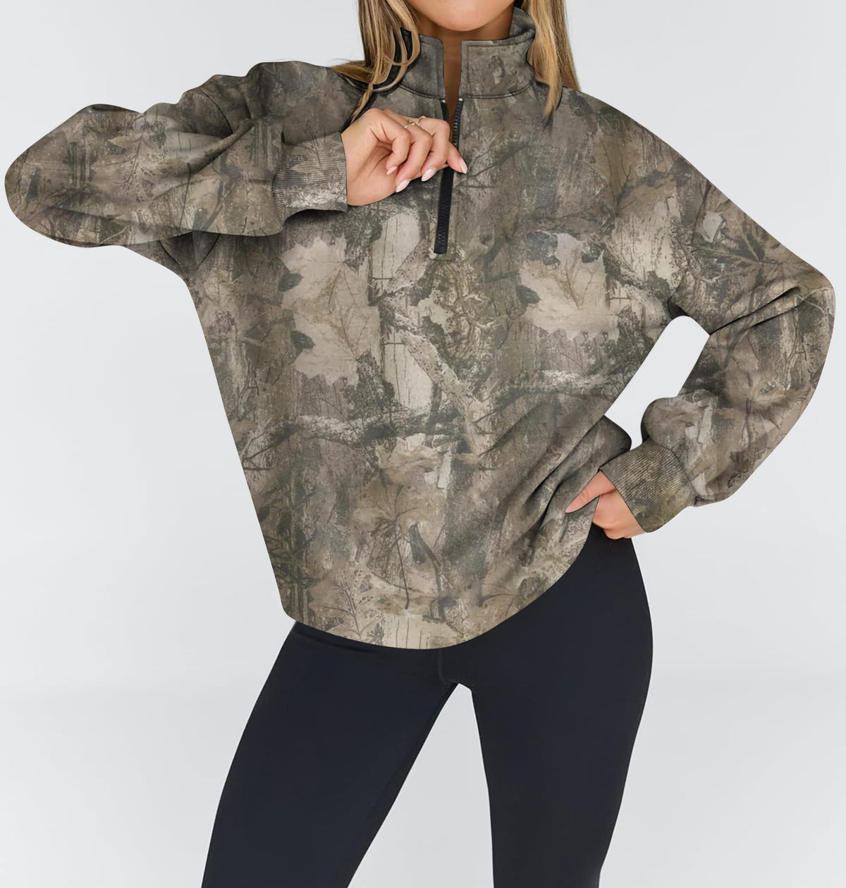 Half Zip Camo Print Drop Shoulder Pullover - Dark2 - 2
