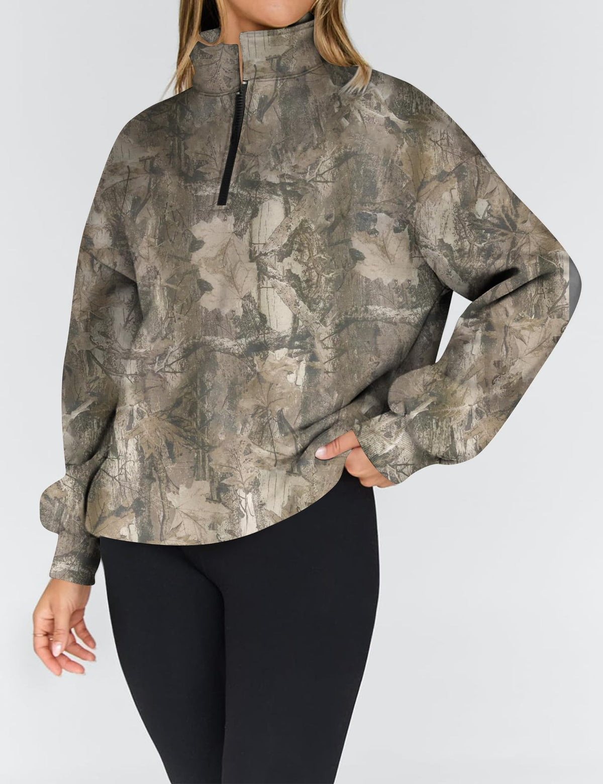 Half Zip Camo Print Drop Shoulder Pullover - Dark2 - 4