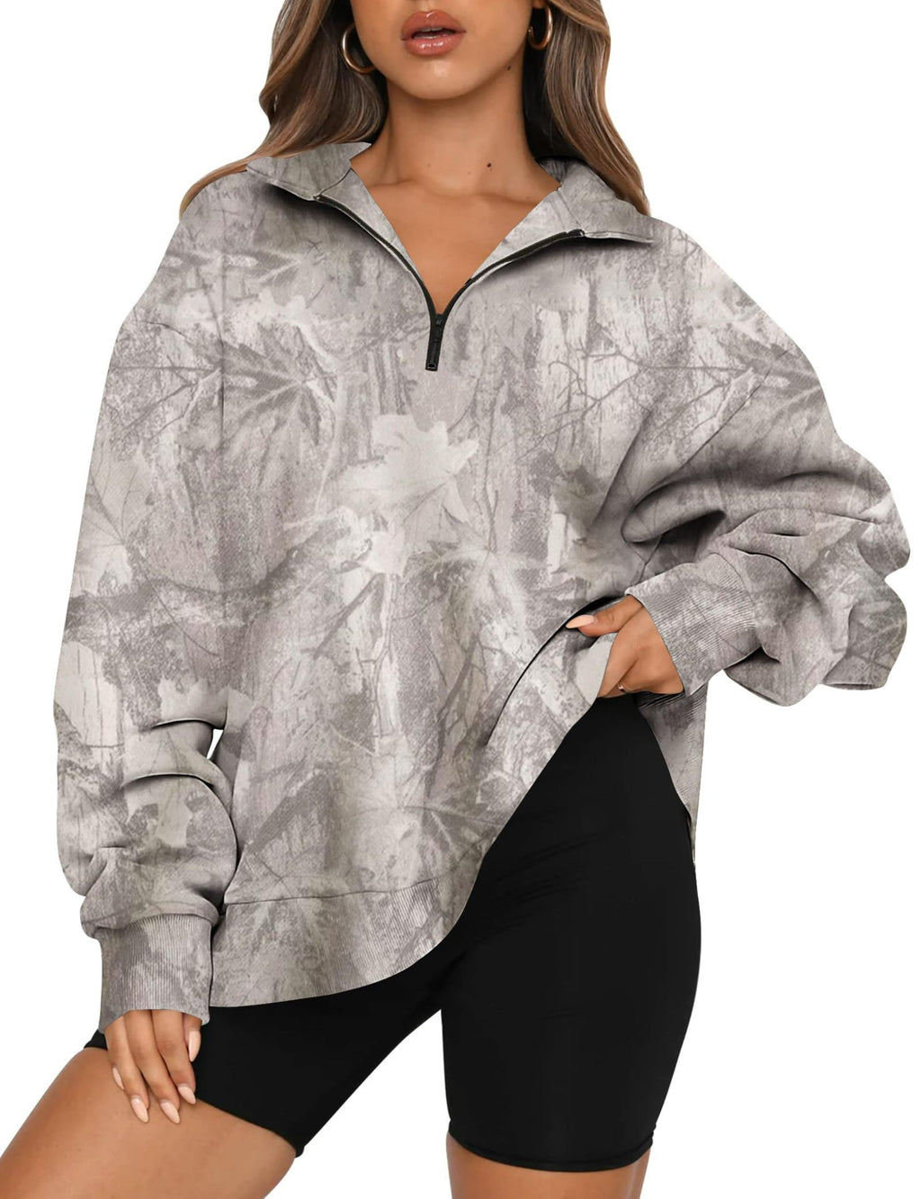 Half Zip Camo Print Drop Shoulder Pullover - LightGrey