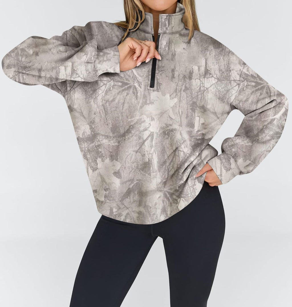 Half Zip Camo Print Drop Shoulder Pullover - LightGrey - 2