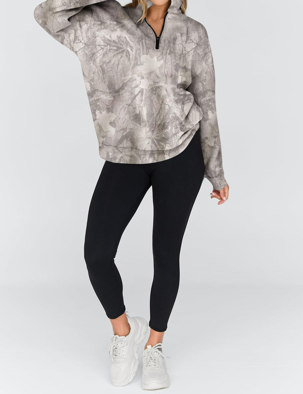 Half Zip Camo Print Drop Shoulder Pullover - LightGrey - 5