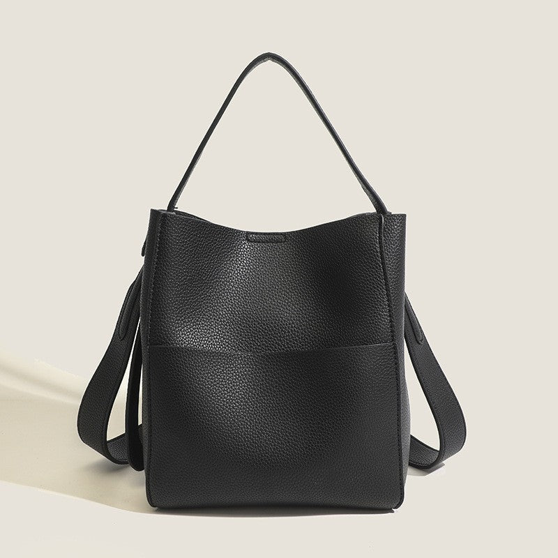 Pebbled Faux Leather Bucket Bag with Wide Strap - Black