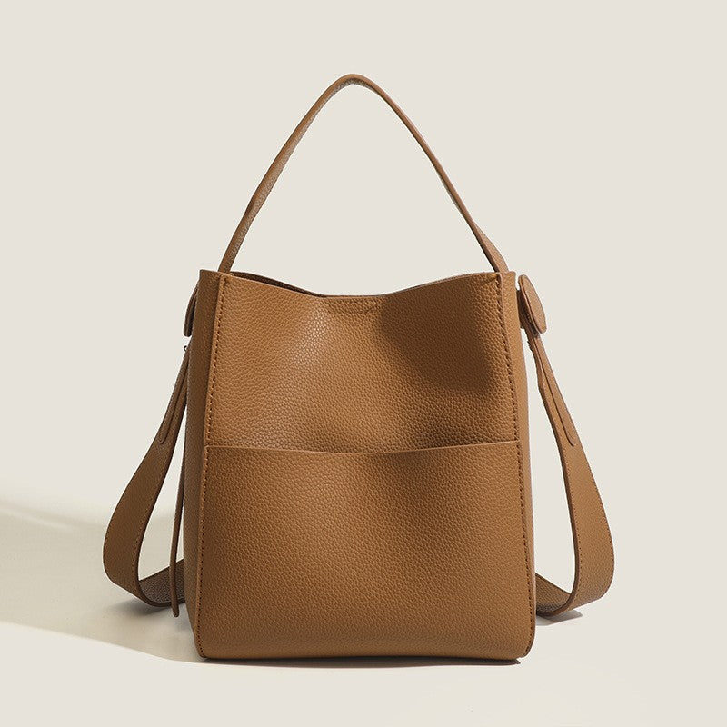 Pebbled Faux Leather Bucket Bag with Wide Strap