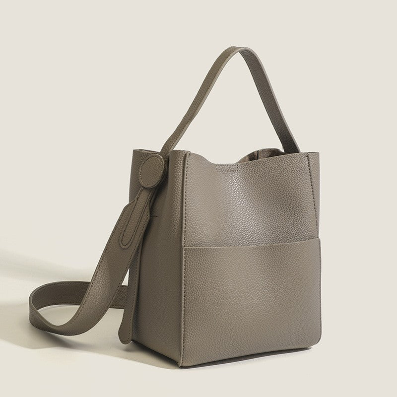 Pebbled Faux Leather Bucket Bag with Wide Strap