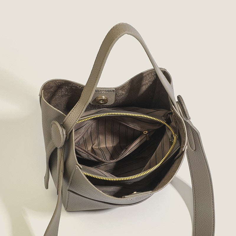 Pebbled Faux Leather Bucket Bag with Wide Strap