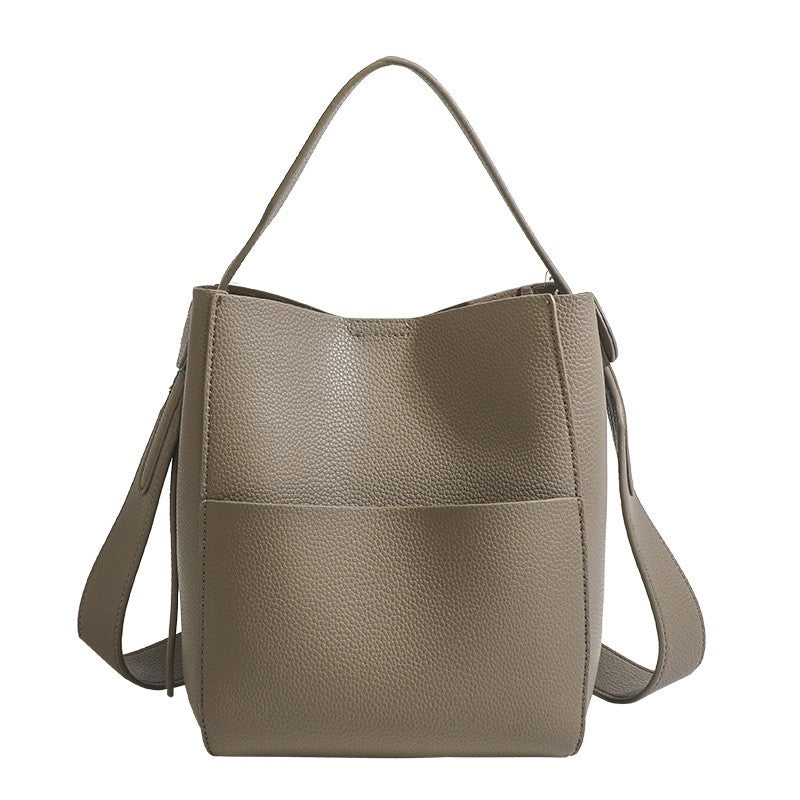 Pebbled Faux Leather Bucket Bag with Wide Strap