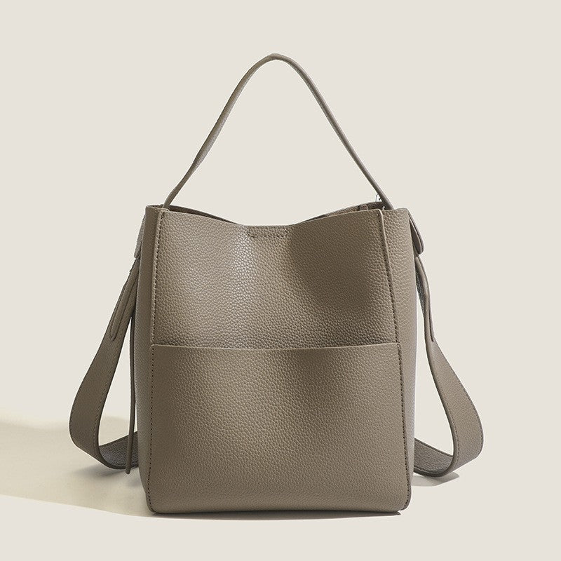 Pebbled Faux Leather Bucket Bag with Wide Strap