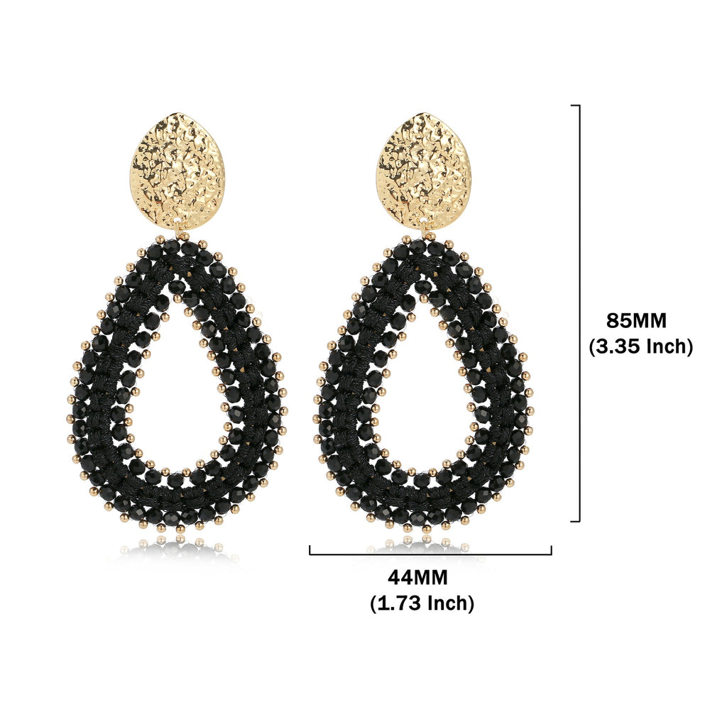 Woven Seed Bead Teardrop Earrings with Hammered Stud - Black