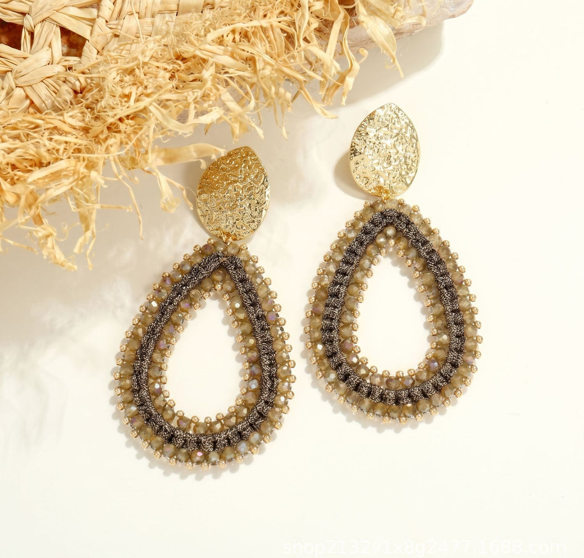 Woven Seed Bead Teardrop Earrings with Hammered Stud - Brown