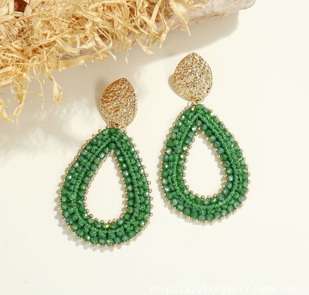 Woven Seed Bead Teardrop Earrings with Hammered Stud - Dark_Green