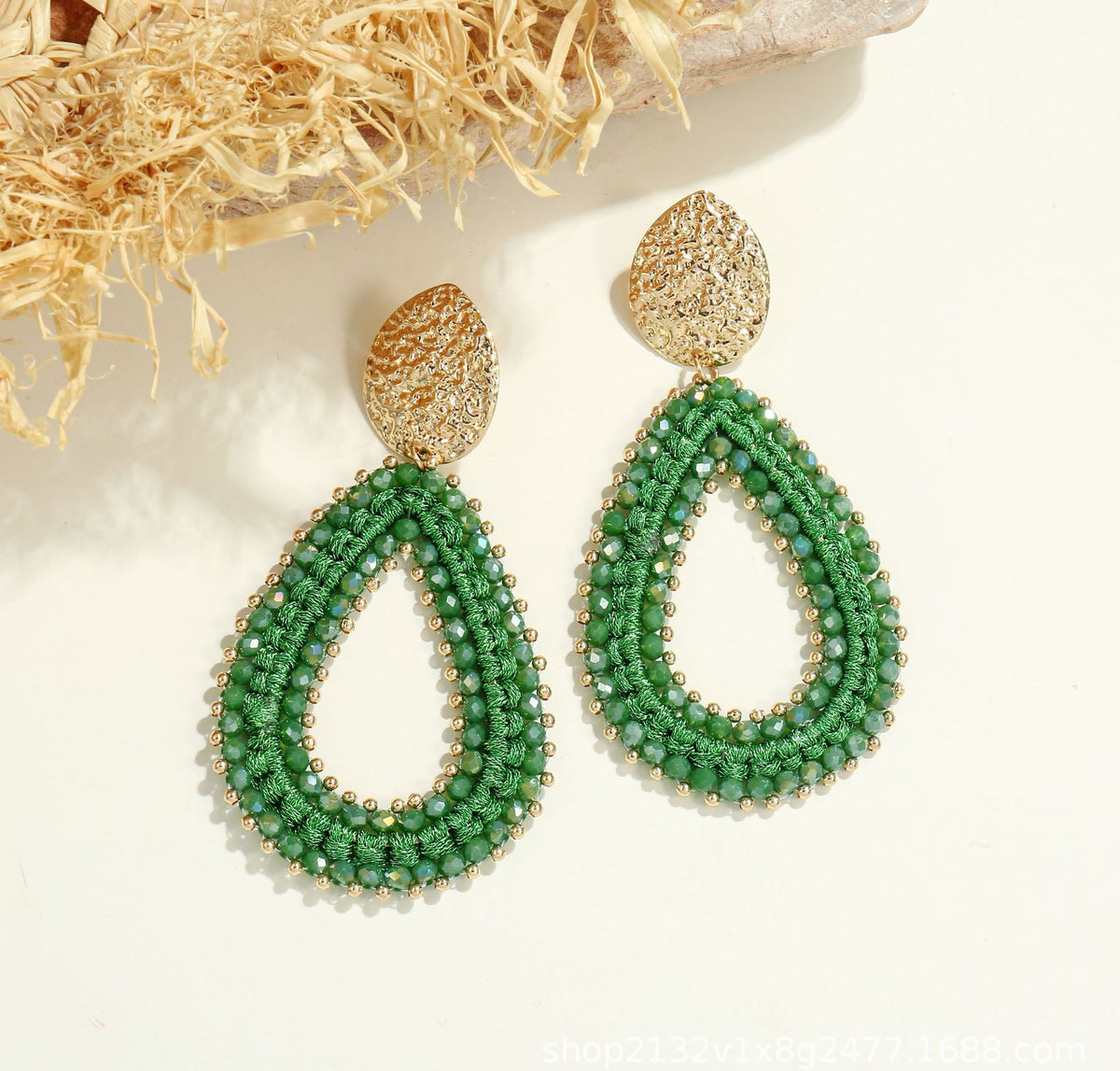 Woven Seed Bead Teardrop Earrings with Hammered Stud - Dark_Green