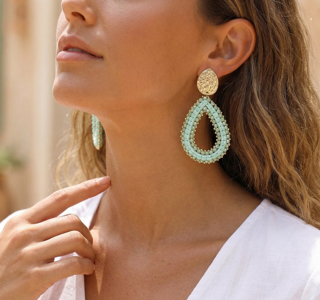 Woven Seed Bead Teardrop Earrings with Hammered Stud - Light_Green