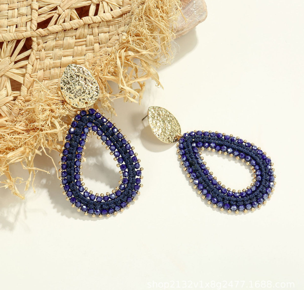 Woven Seed Bead Teardrop Earrings with Hammered Stud - Navy