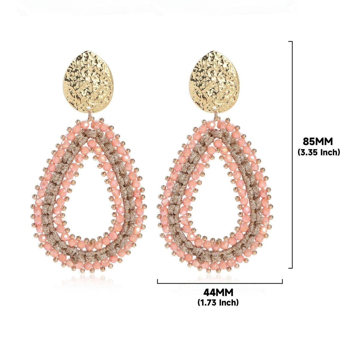 Woven Seed Bead Teardrop Earrings with Hammered Stud - Pink_Brown