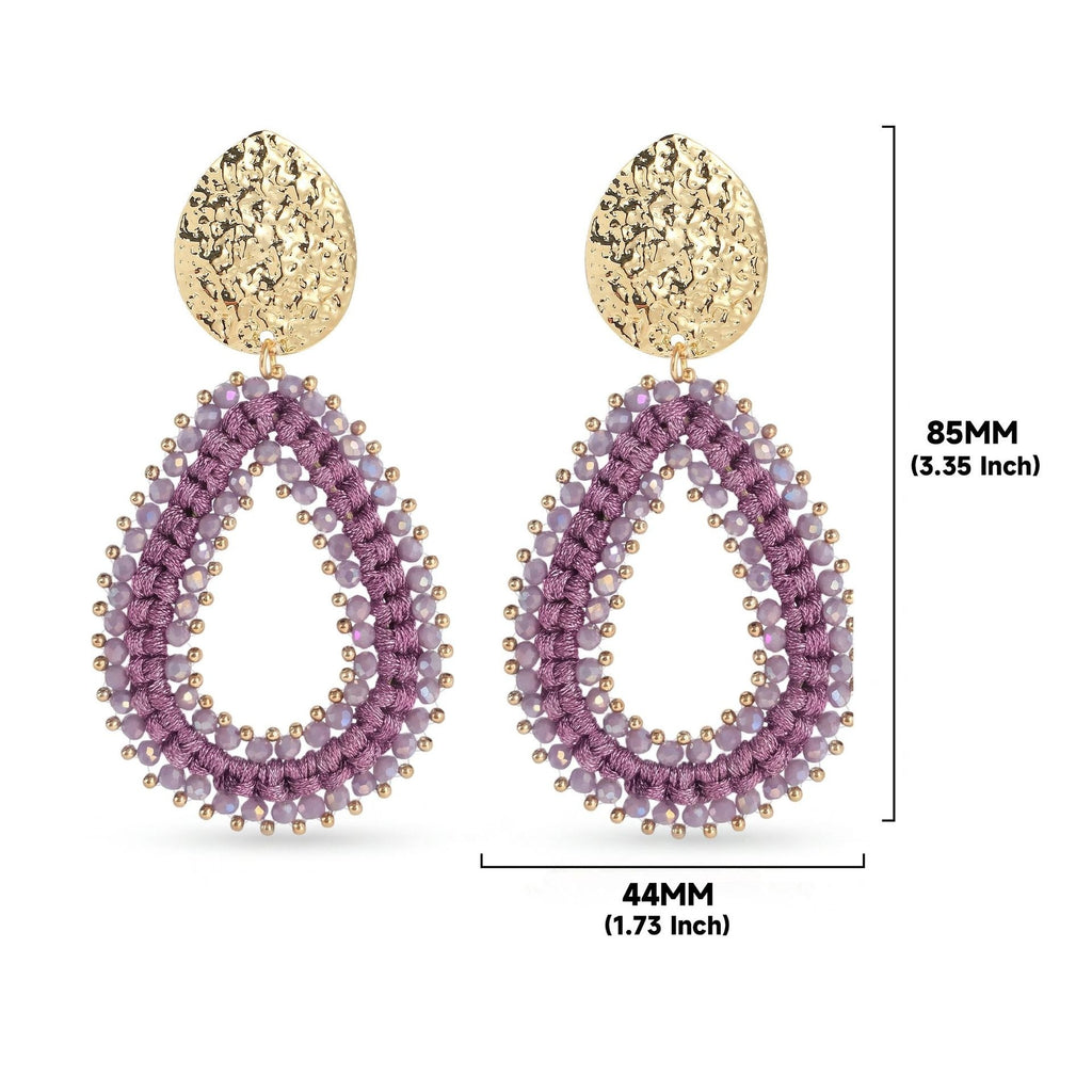 Woven Seed Bead Teardrop Earrings with Hammered Stud - Purple