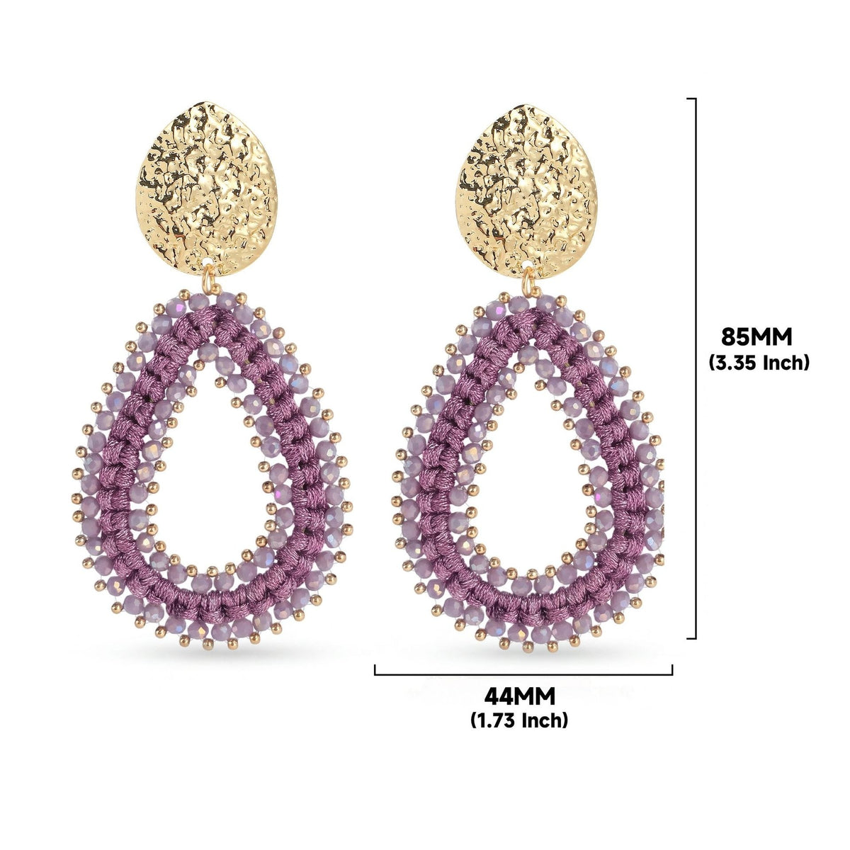 Woven Seed Bead Teardrop Earrings with Hammered Stud - Purple
