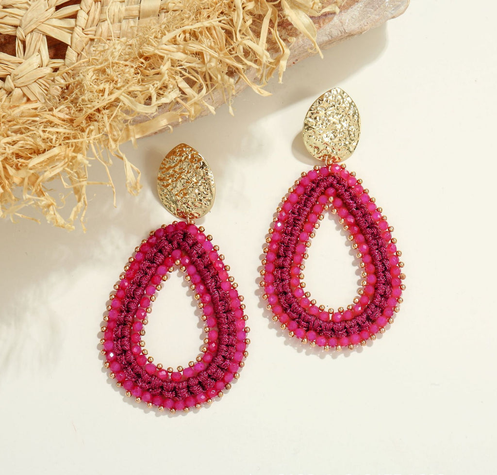 Woven Seed Bead Teardrop Earrings with Hammered Stud - Rose_Red