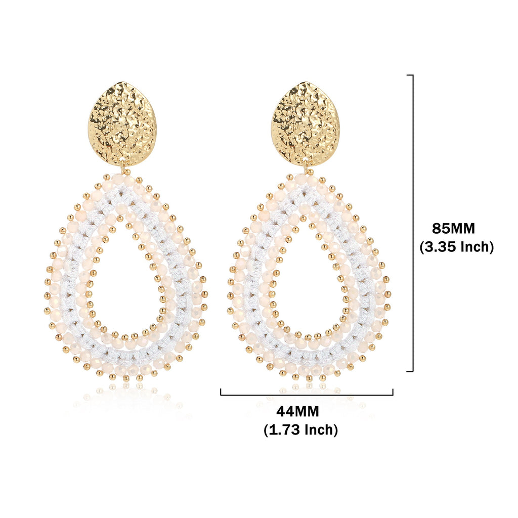 Woven Seed Bead Teardrop Earrings with Hammered Stud - White