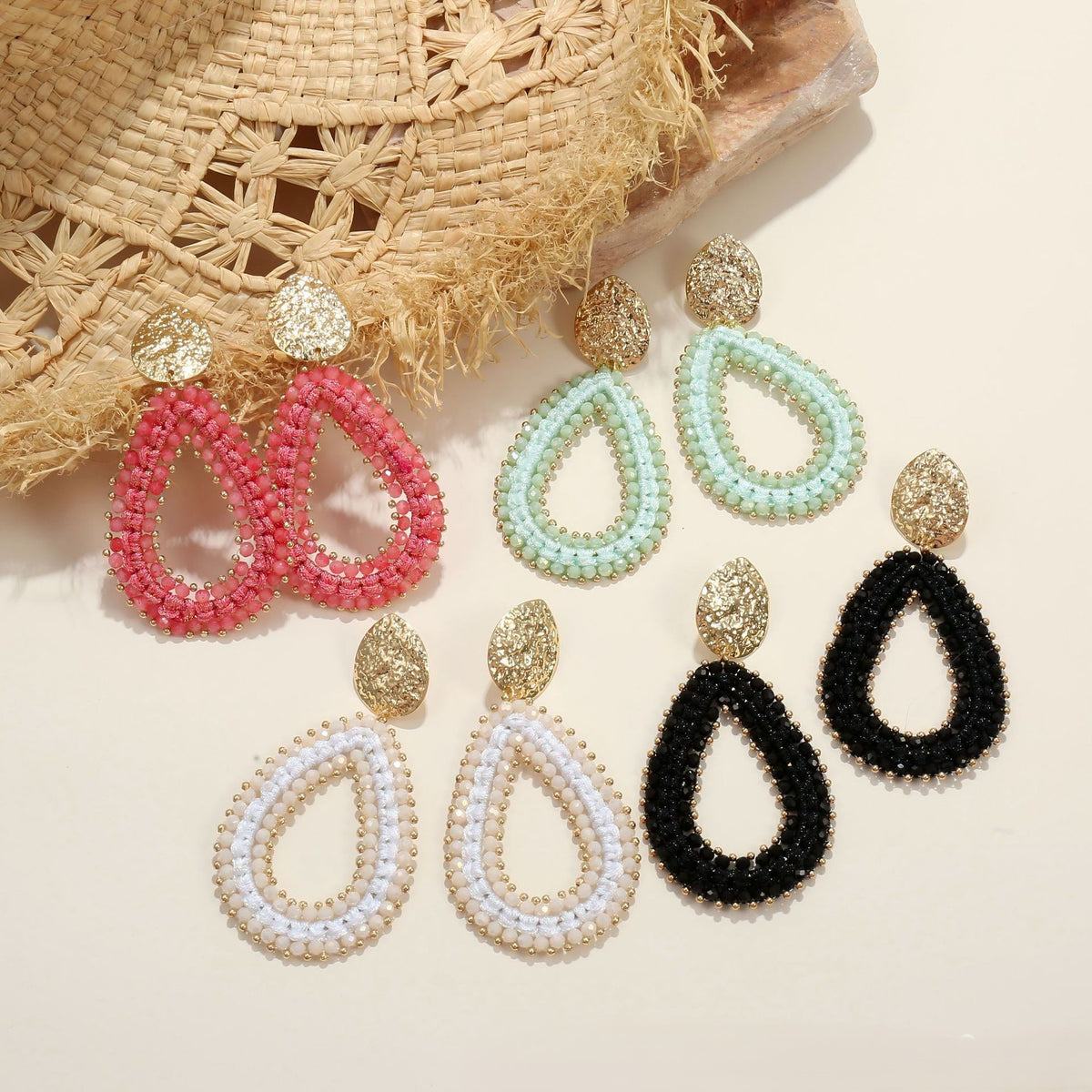 Woven Seed Bead Teardrop Earrings with Hammered Stud