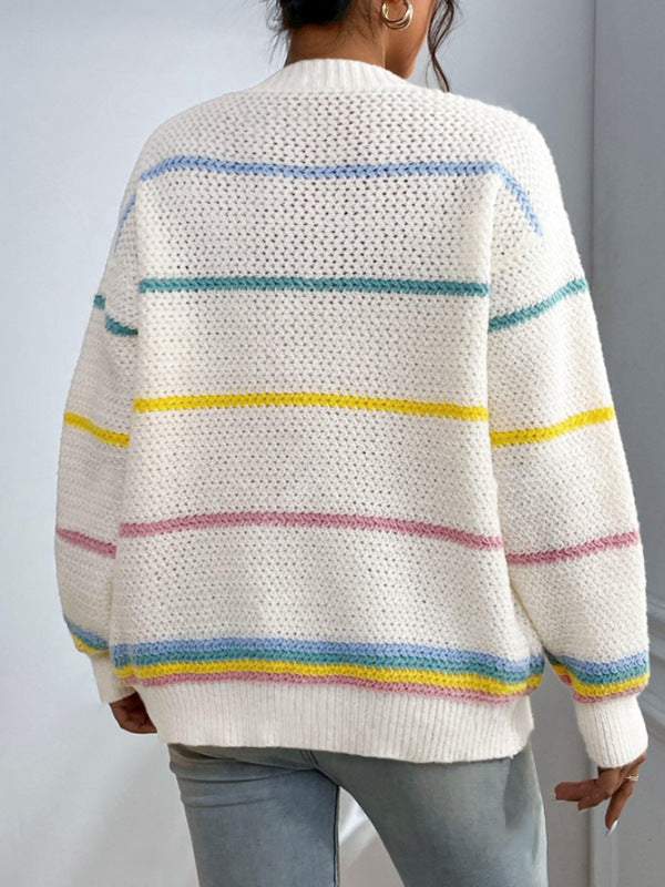 Multi Stripe Open Front Knit Cardigan - Apricot