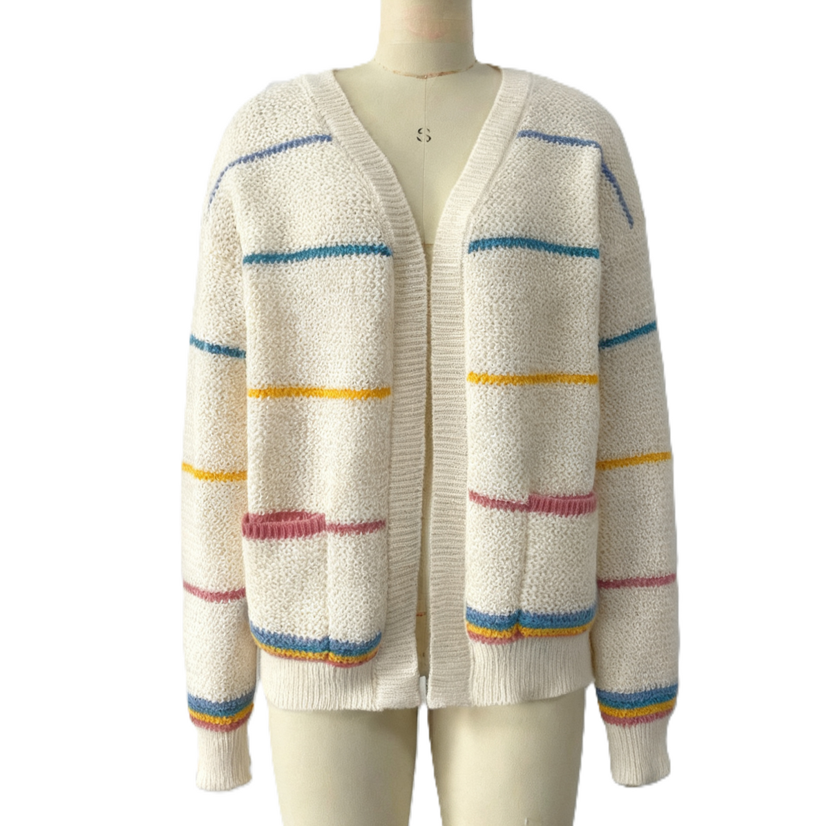 Multi Stripe Open Front Knit Cardigan - Apricot - 1