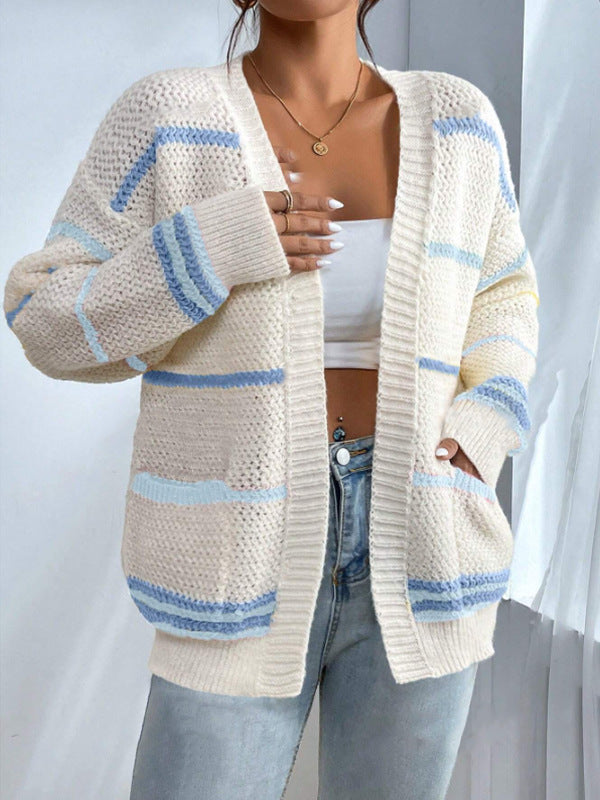 Multi Stripe Open Front Knit Cardigan - Blue