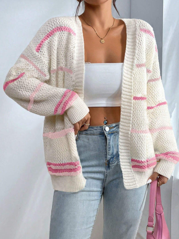 Multi Stripe Open Front Knit Cardigan - Pink