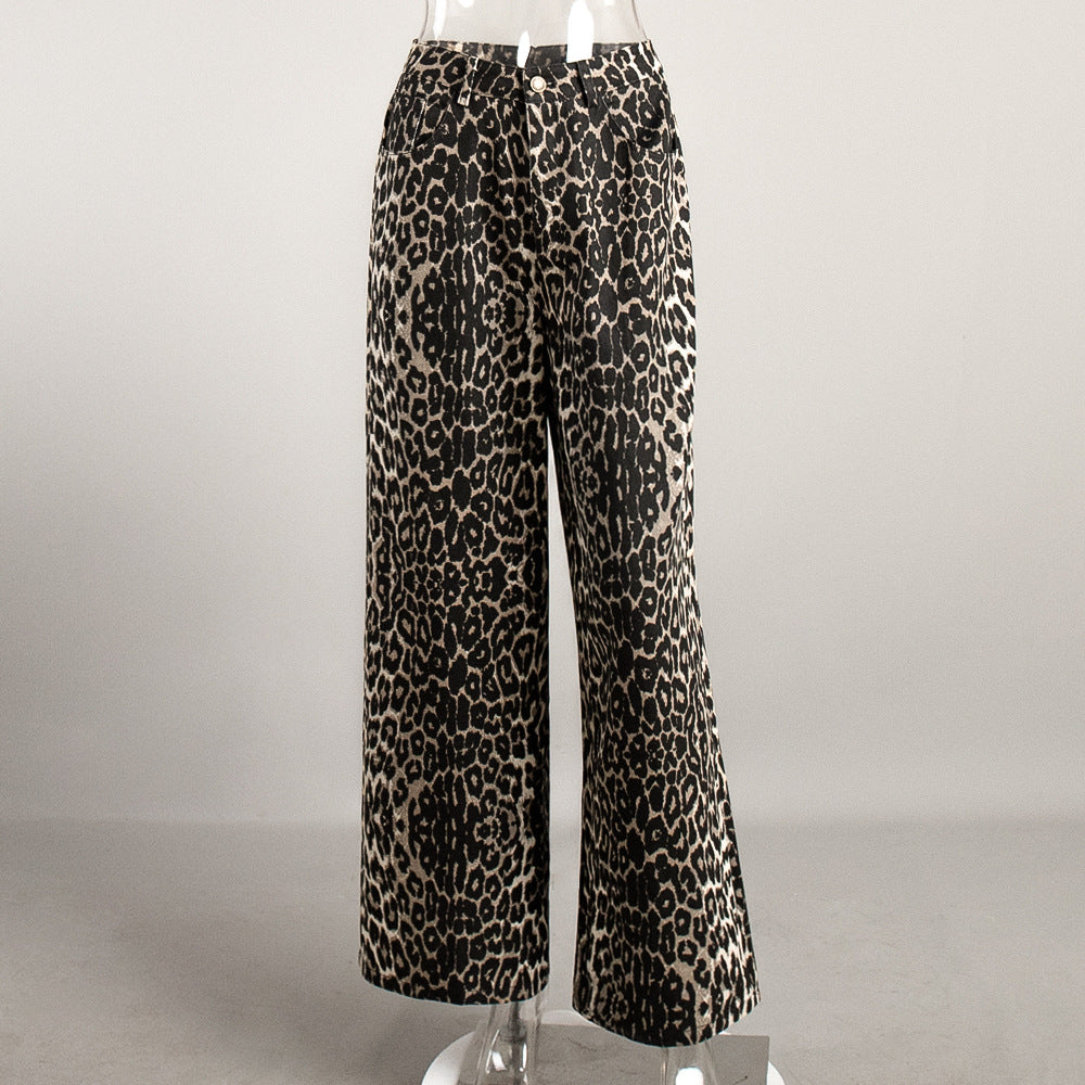 Animal Print Slouchy Wide Leg Trousers - Leopard